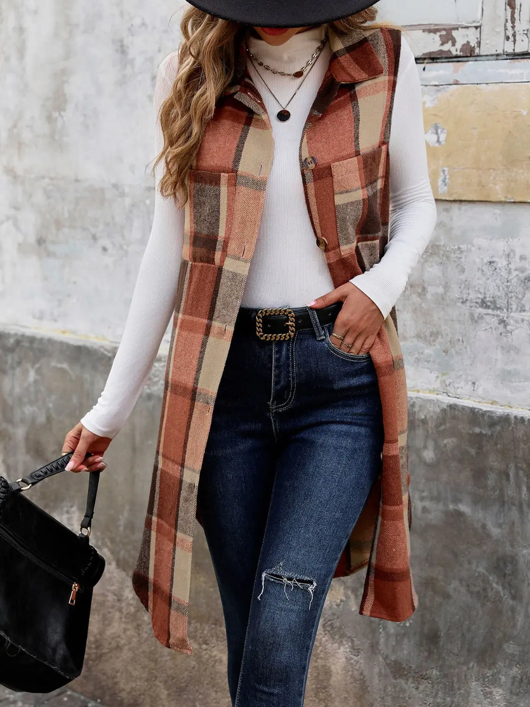 Button Up Plaid Vest Trendsi