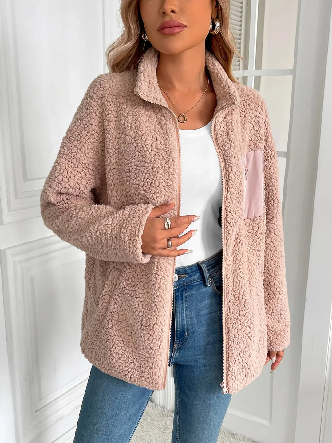 Ivy Lane Zip Up Long Sleeve Fuzzy Jacket Trendsi