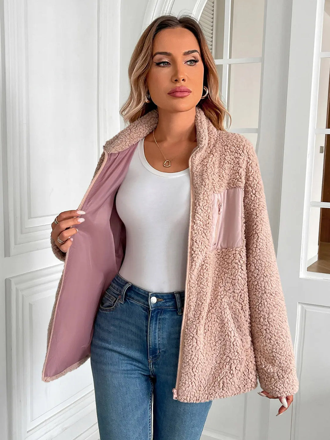 Ivy Lane Zip Up Long Sleeve Fuzzy Jacket Trendsi