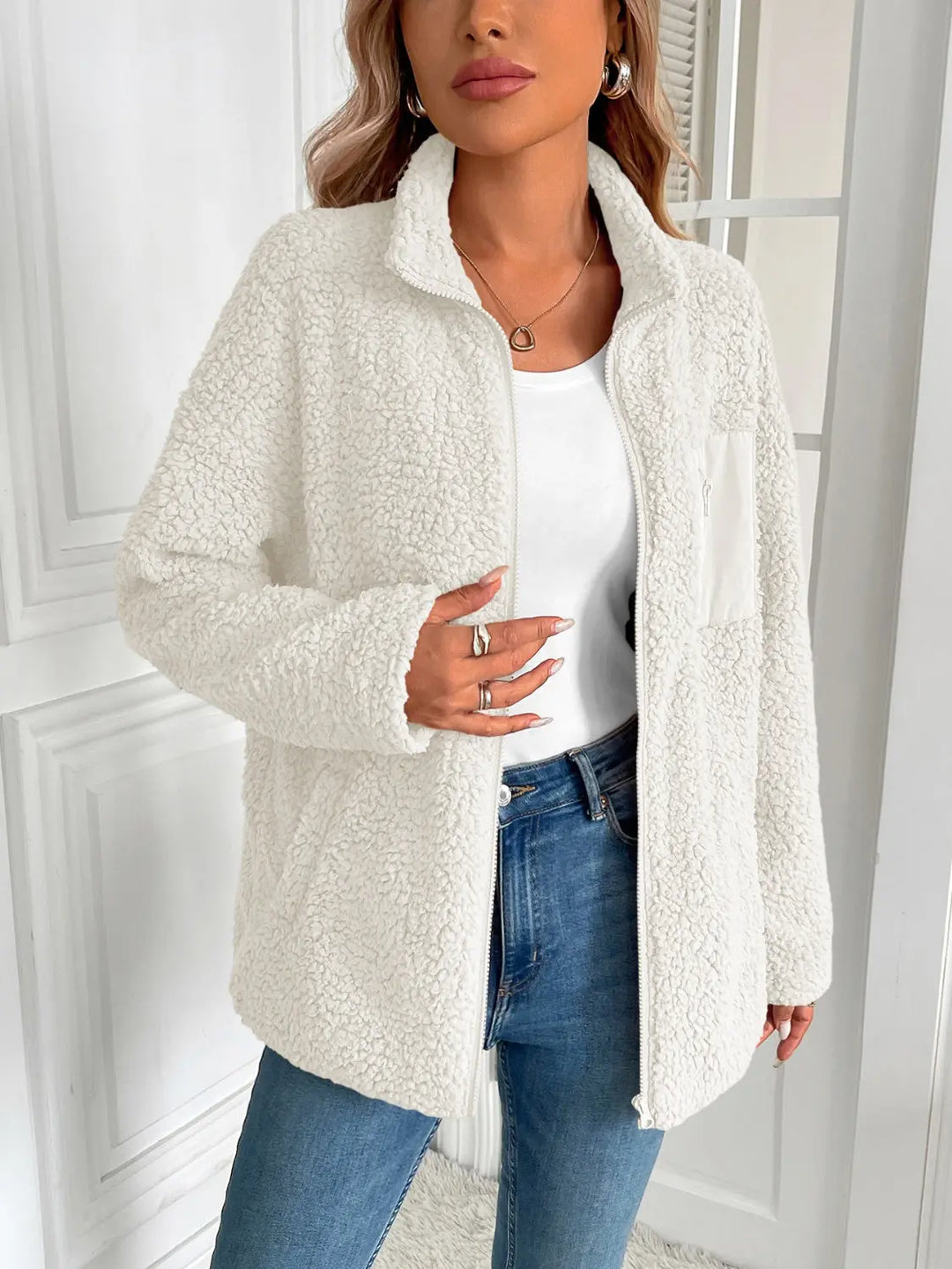 Ivy Lane Zip Up Long Sleeve Fuzzy Jacket Trendsi