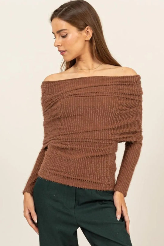 Off Shoulder Textured Knit Top Trendsi