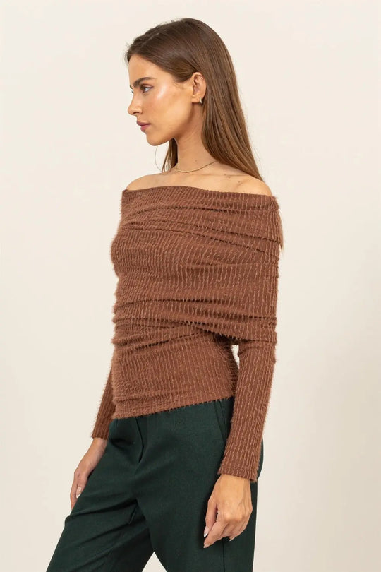 Off Shoulder Textured Knit Top Trendsi