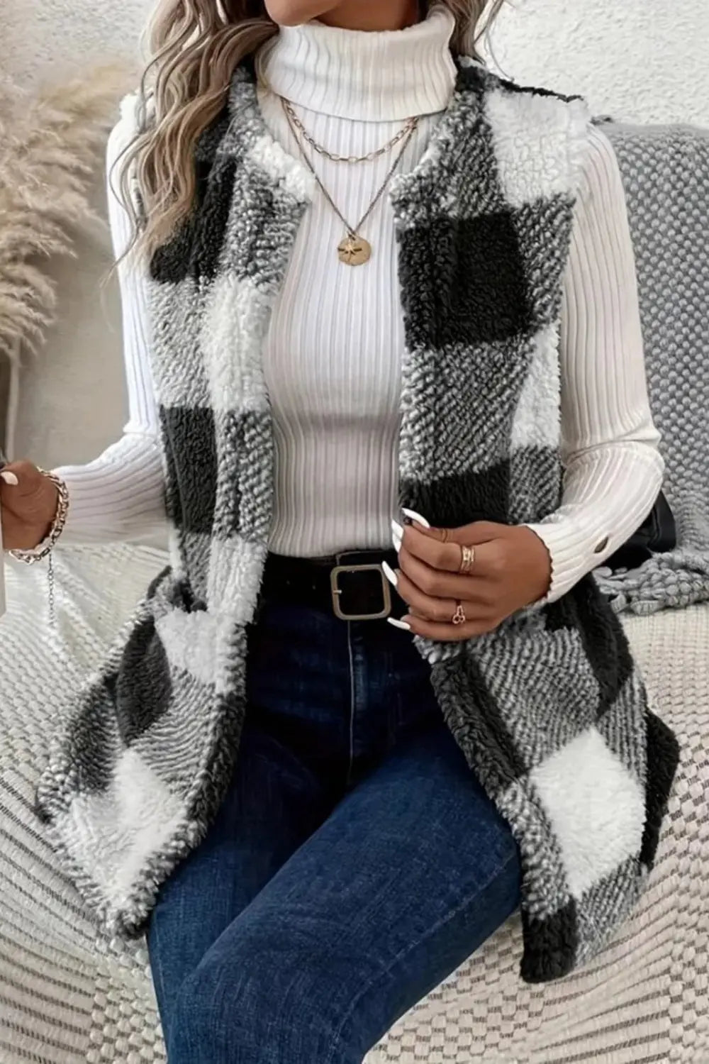 Plaid Open Front Vest Coat Trendsi