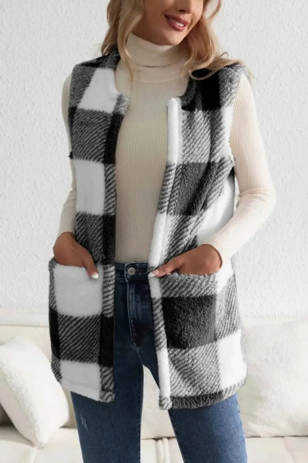 Plaid Open Front Vest Coat Trendsi