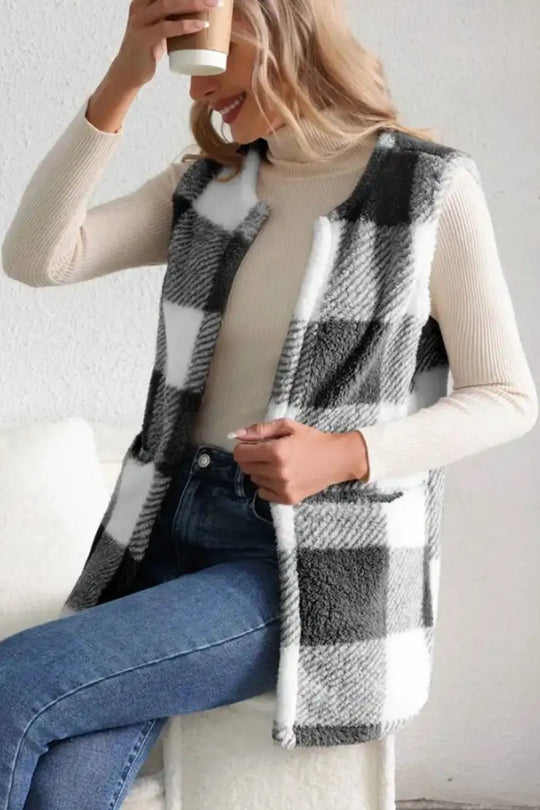 Plaid Open Front Vest Coat Trendsi