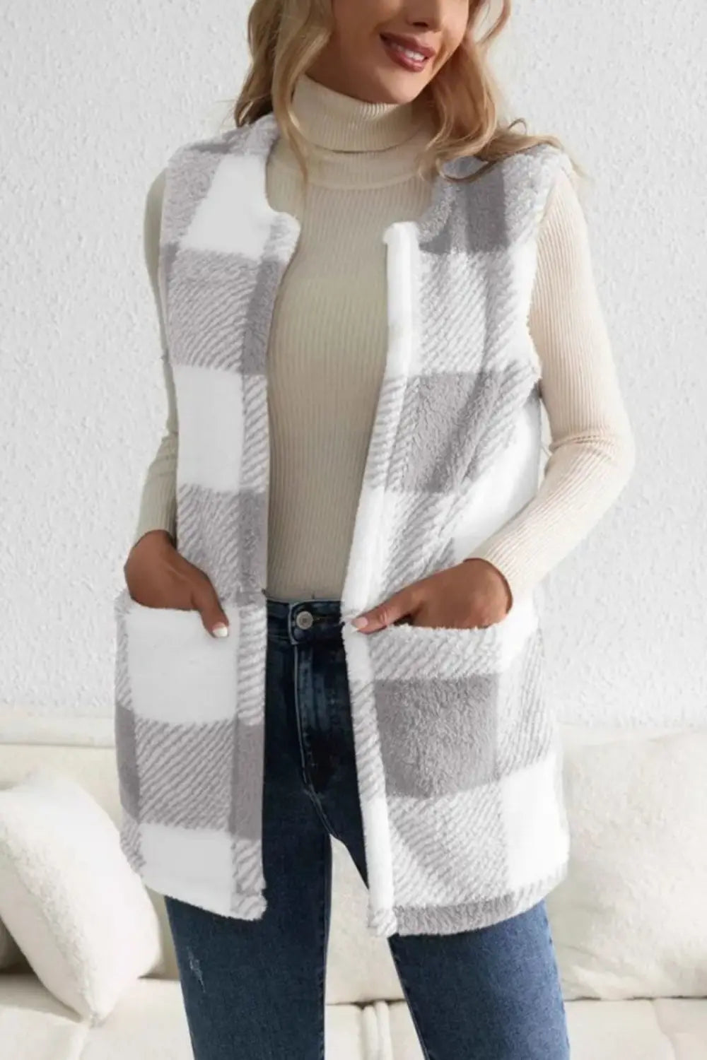 Plaid Open Front Vest Coat Trendsi