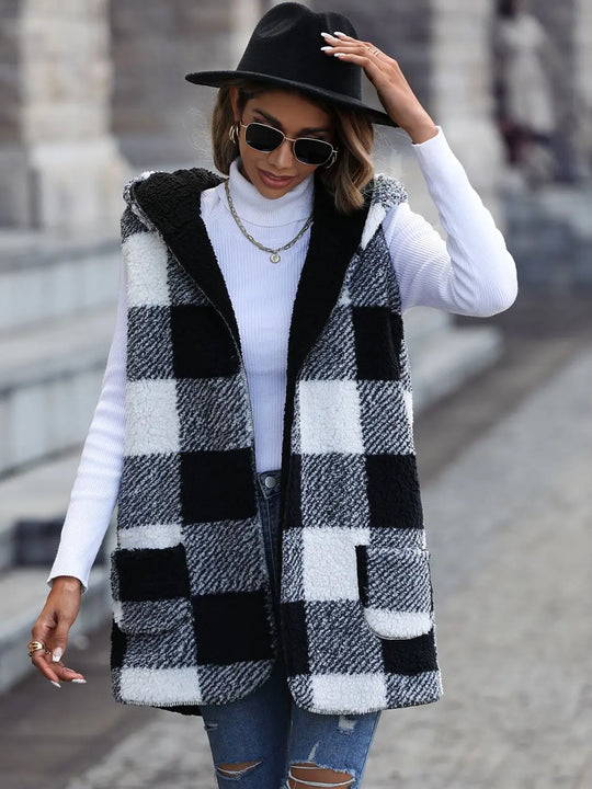 Plaid Vest, Hooded with Pockets Trendsi