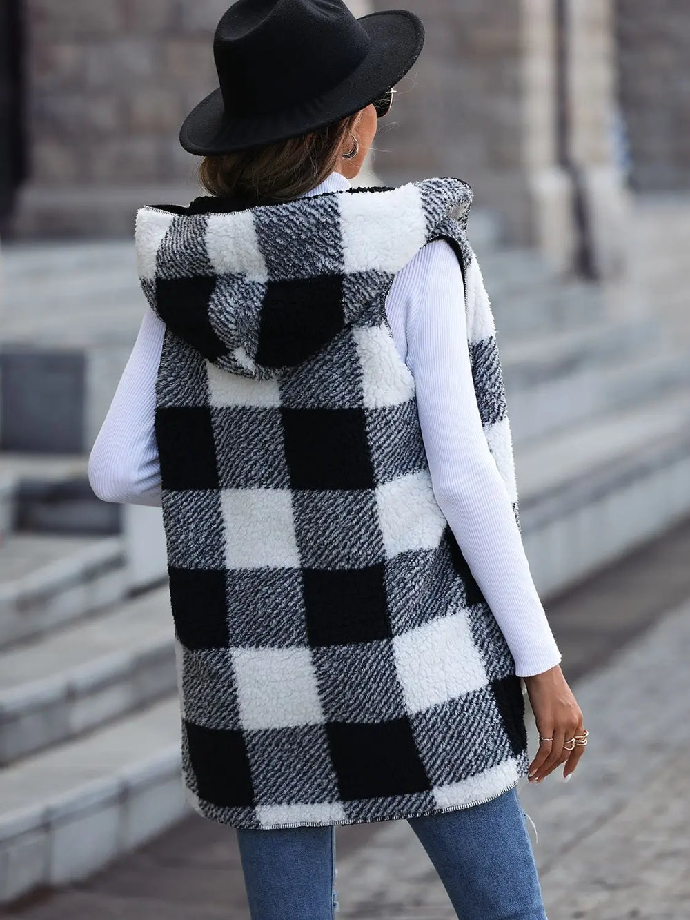 Plaid Vest, Hooded with Pockets Trendsi