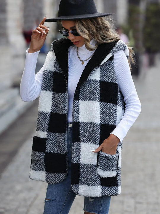 Plaid Vest, Hooded with Pockets Trendsi