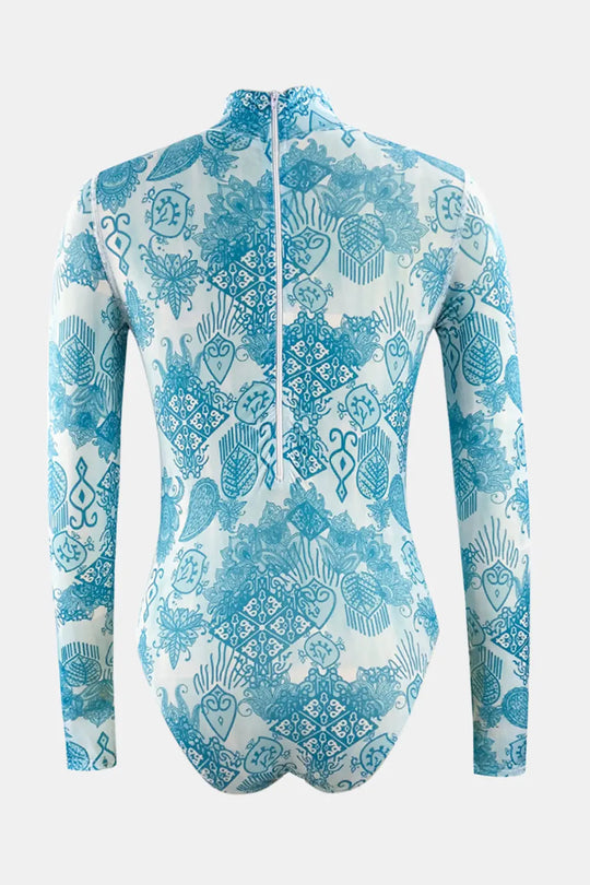 Printed Mock Neck Long Sleeve One-Piece Swimwear Trendsi