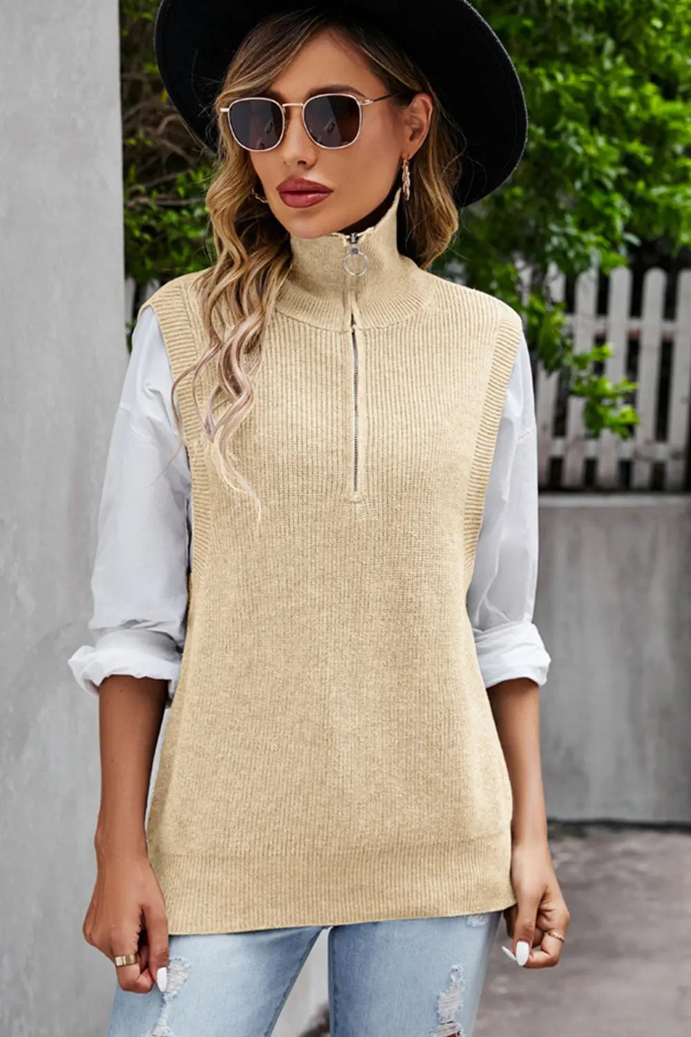 Quarter Zip, Ribbed Sweater Vest Trendsi