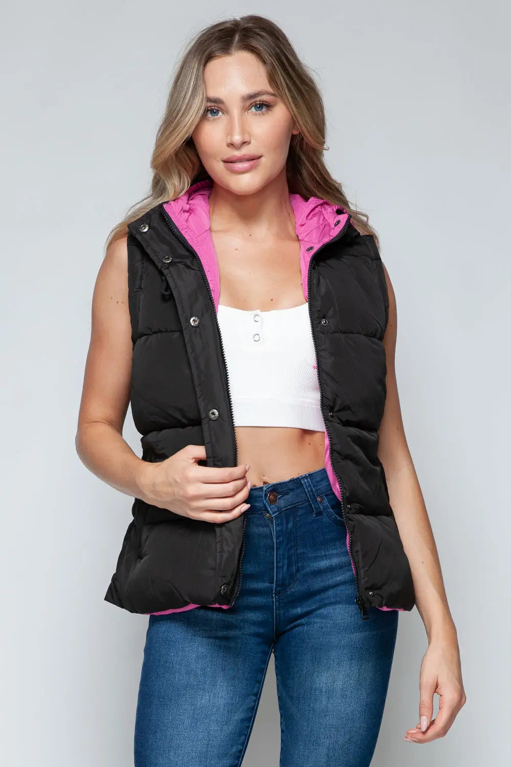 Snap and Zip Closure Hooded Vest Trendsi