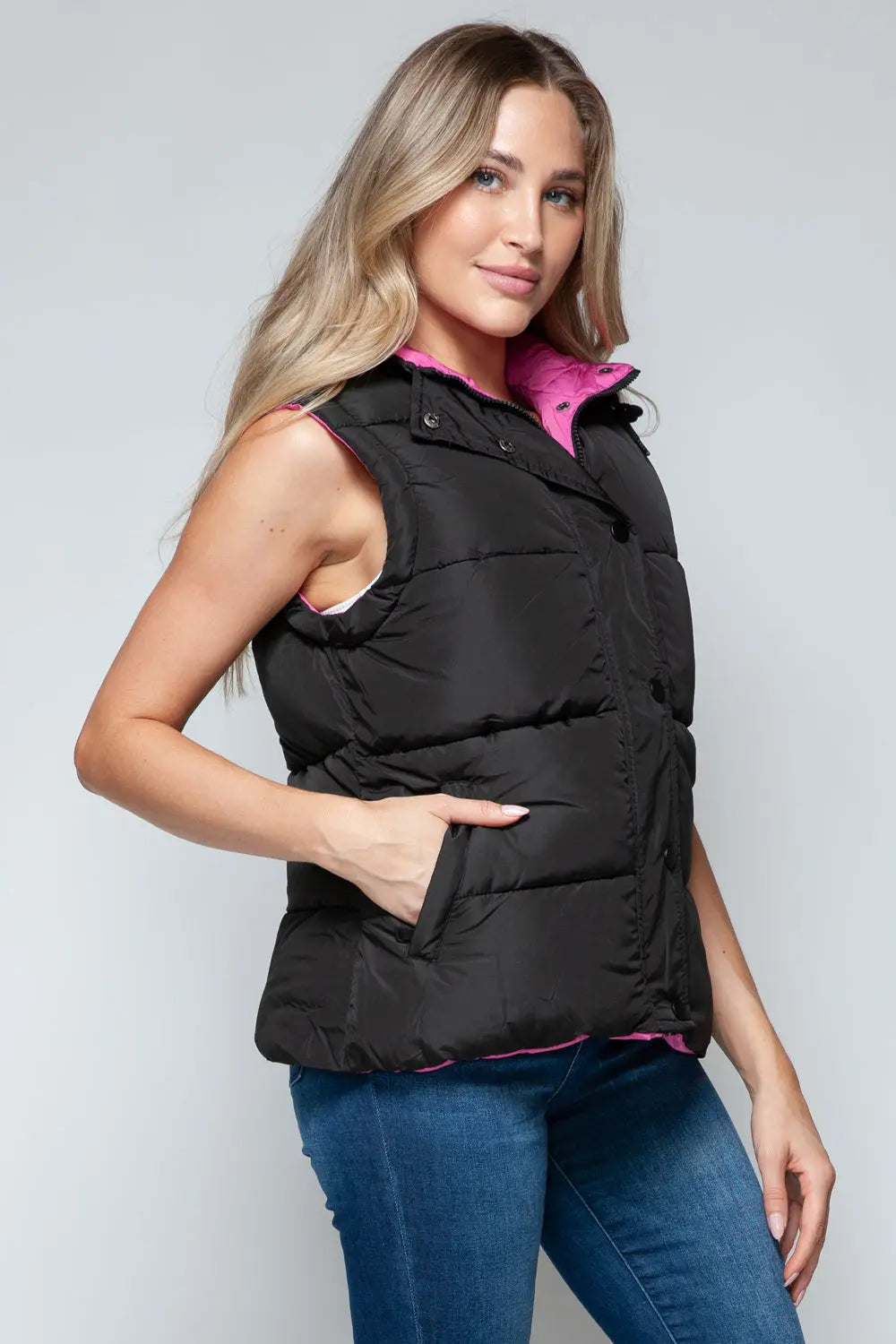 Snap and Zip Closure Hooded Vest Trendsi