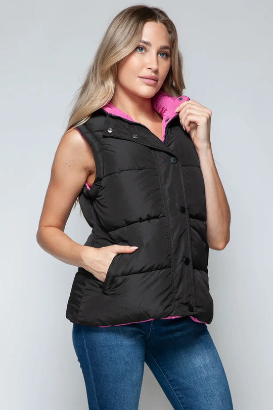 Snap and Zip Closure Hooded Vest Trendsi