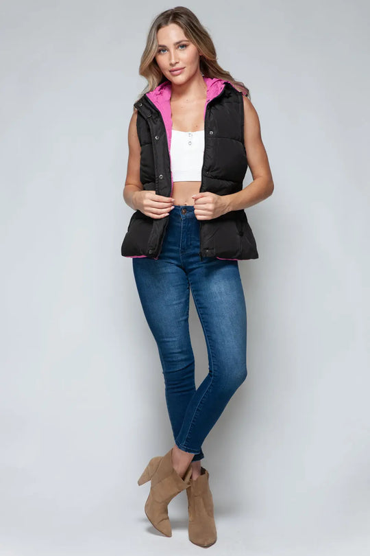 Snap and Zip Closure Hooded Vest Trendsi