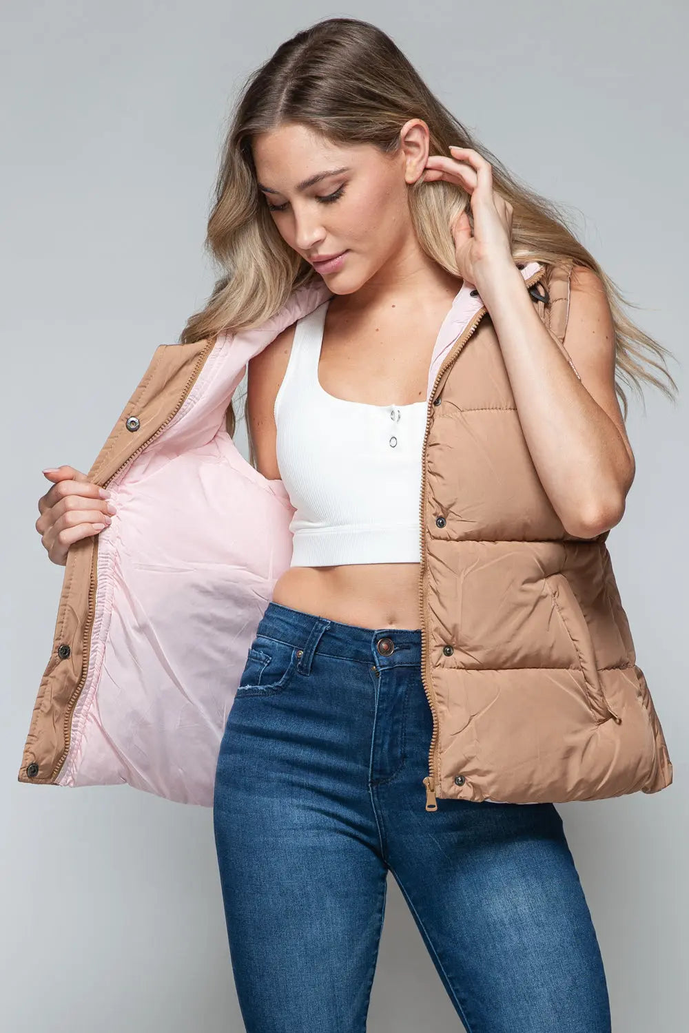 Snap and Zip Closure Hooded Vest Trendsi