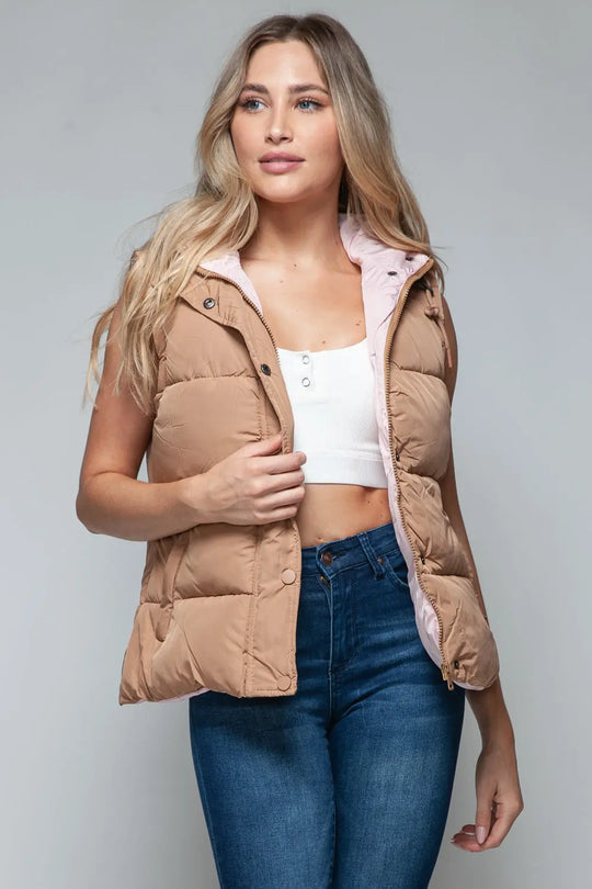 Snap and Zip Closure Hooded Vest Trendsi