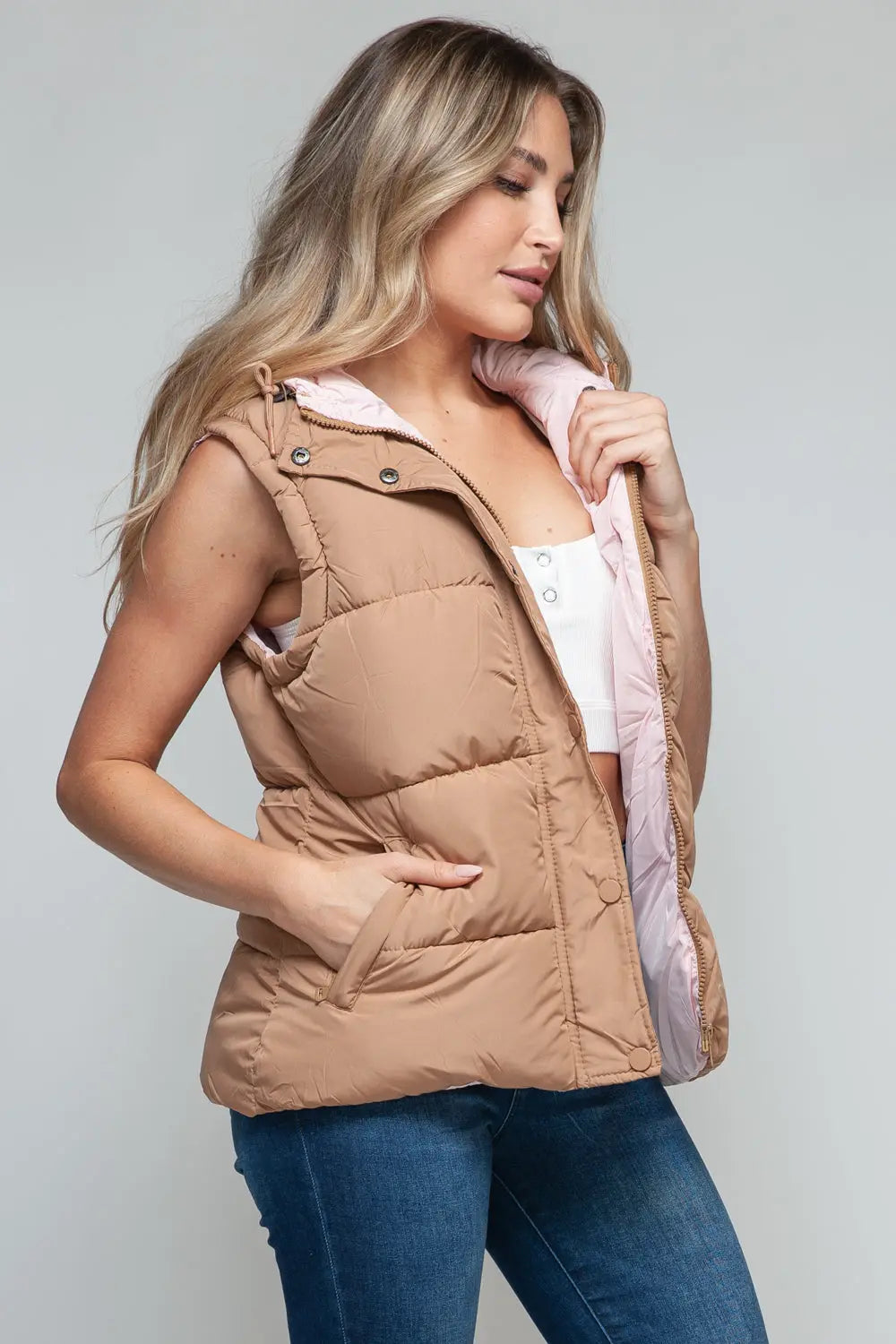 Snap and Zip Closure Hooded Vest Trendsi