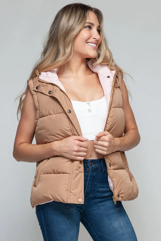 Snap and Zip Closure Hooded Vest Trendsi