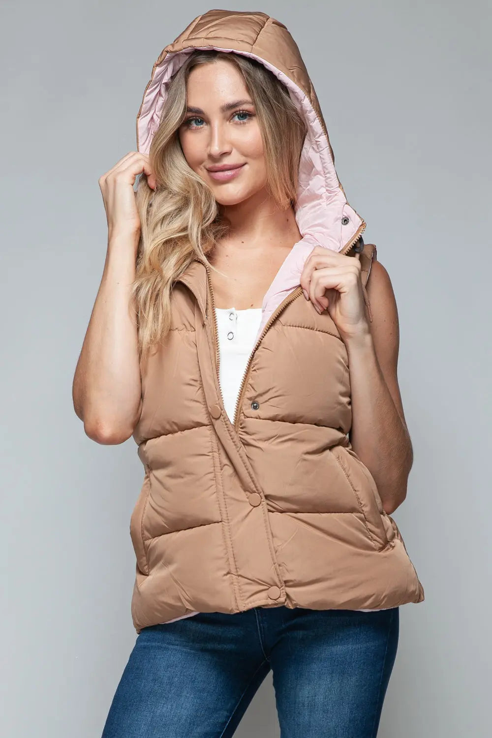 Snap and Zip Closure Hooded Vest Trendsi