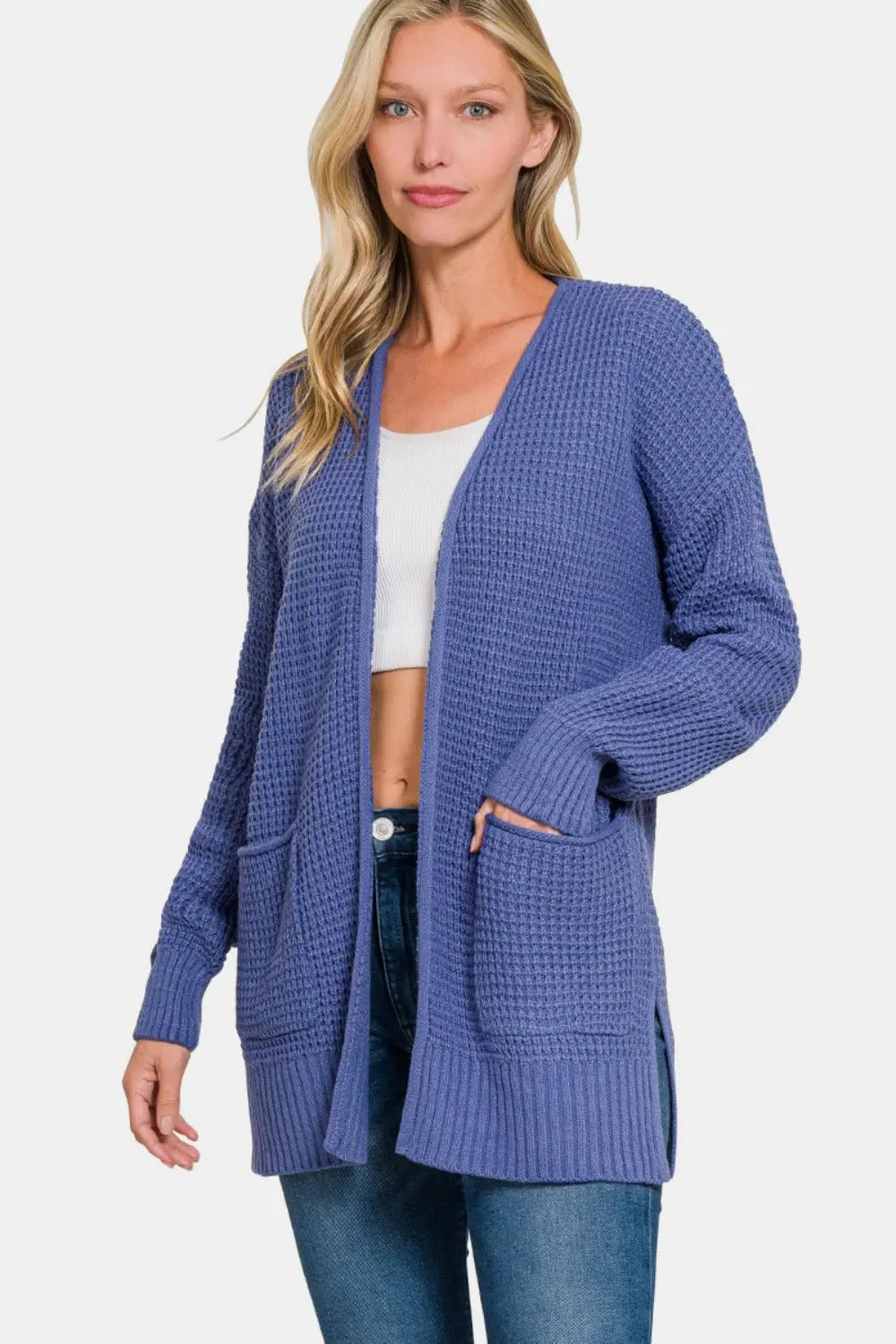 Waffle Open Front Sweater Cardigan Trendsi