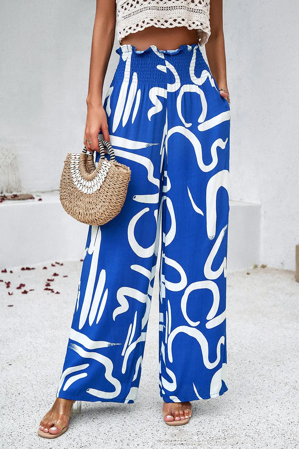 Devine - Smocked Printed - Wide Leg - Pants with Pockets - Pfresh