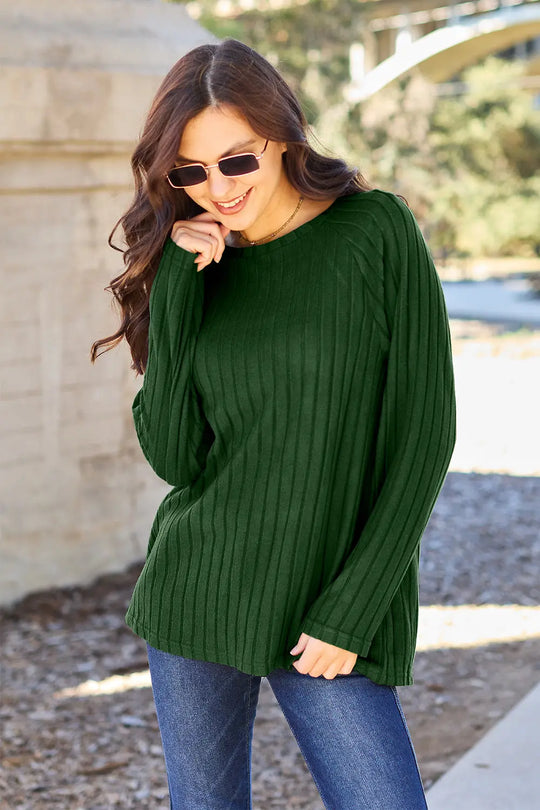 Basic Bae - Full Size - Ribbed Round Neck - Long Sleeve Knit Top - Pfresh