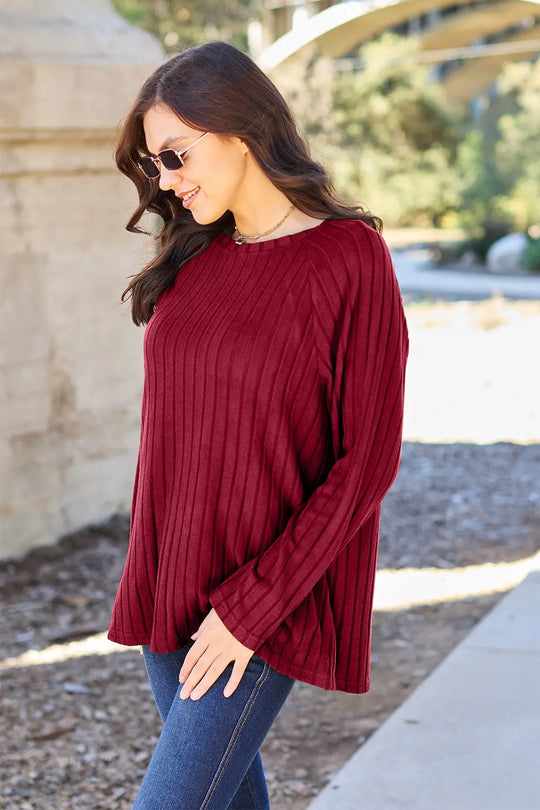 Basic Bae - Full Size - Ribbed Round Neck - Long Sleeve Knit Top - Pfresh