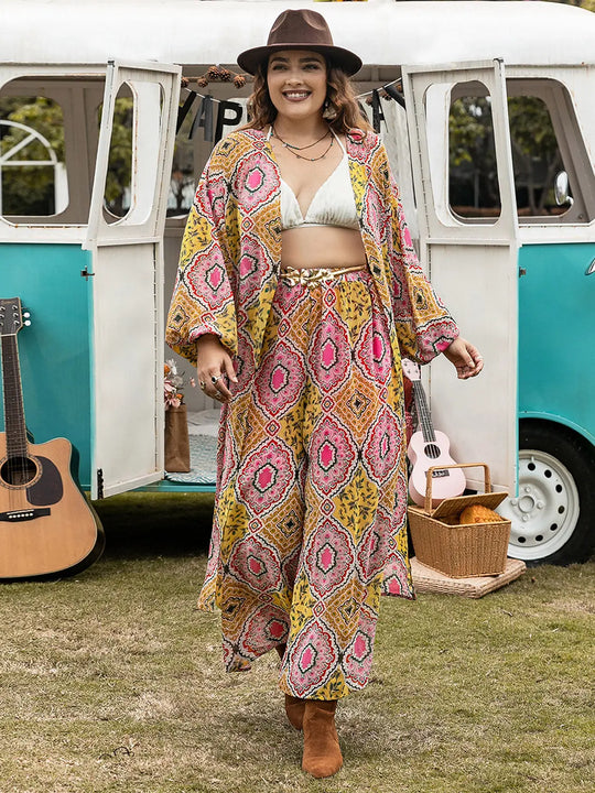 Plus Size Printed Open Front Cover Up and Pants Set - Pfresh