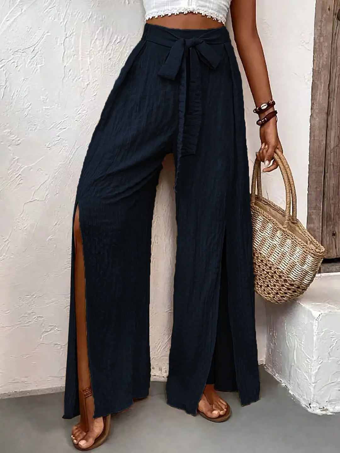 Honey Tied Slit Wide Leg Pants - Pfresh