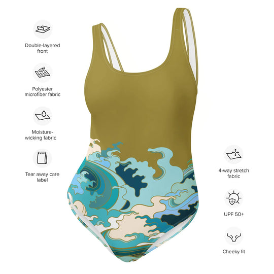 "Ocean One" - Avocado Waves, One-Piece Women's Swimsuit - Pfresh