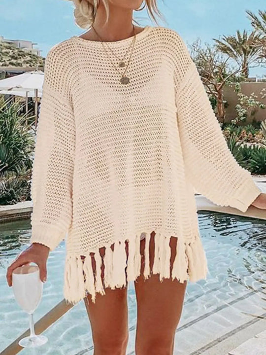 Openwork Tassel Hem Long Sleeve Knit Cover Up - Pfresh