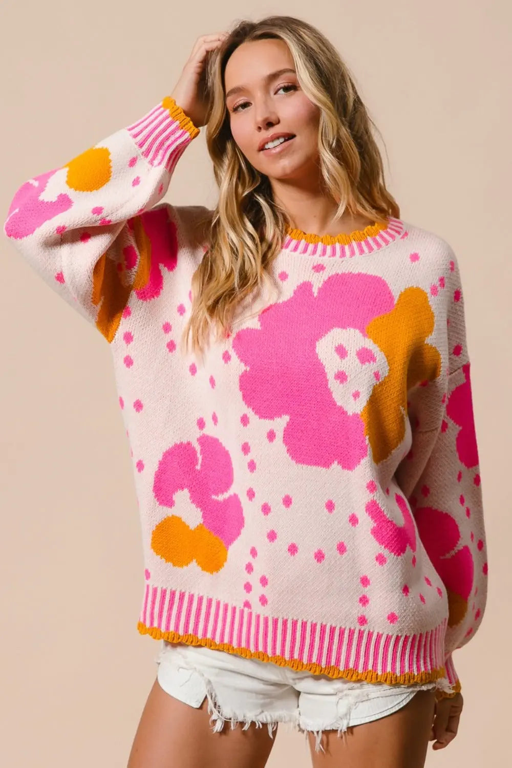 Flower Pattern Contrast Sweater - Pfresh