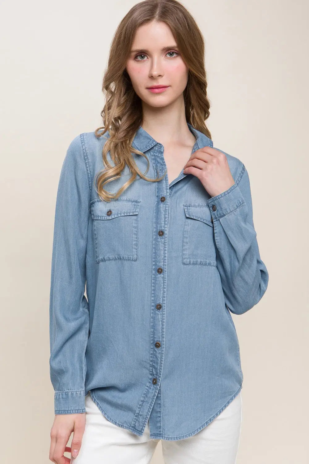 Love Tree - Scooped Hem -  Button Up Denim Shirt - Pfresh