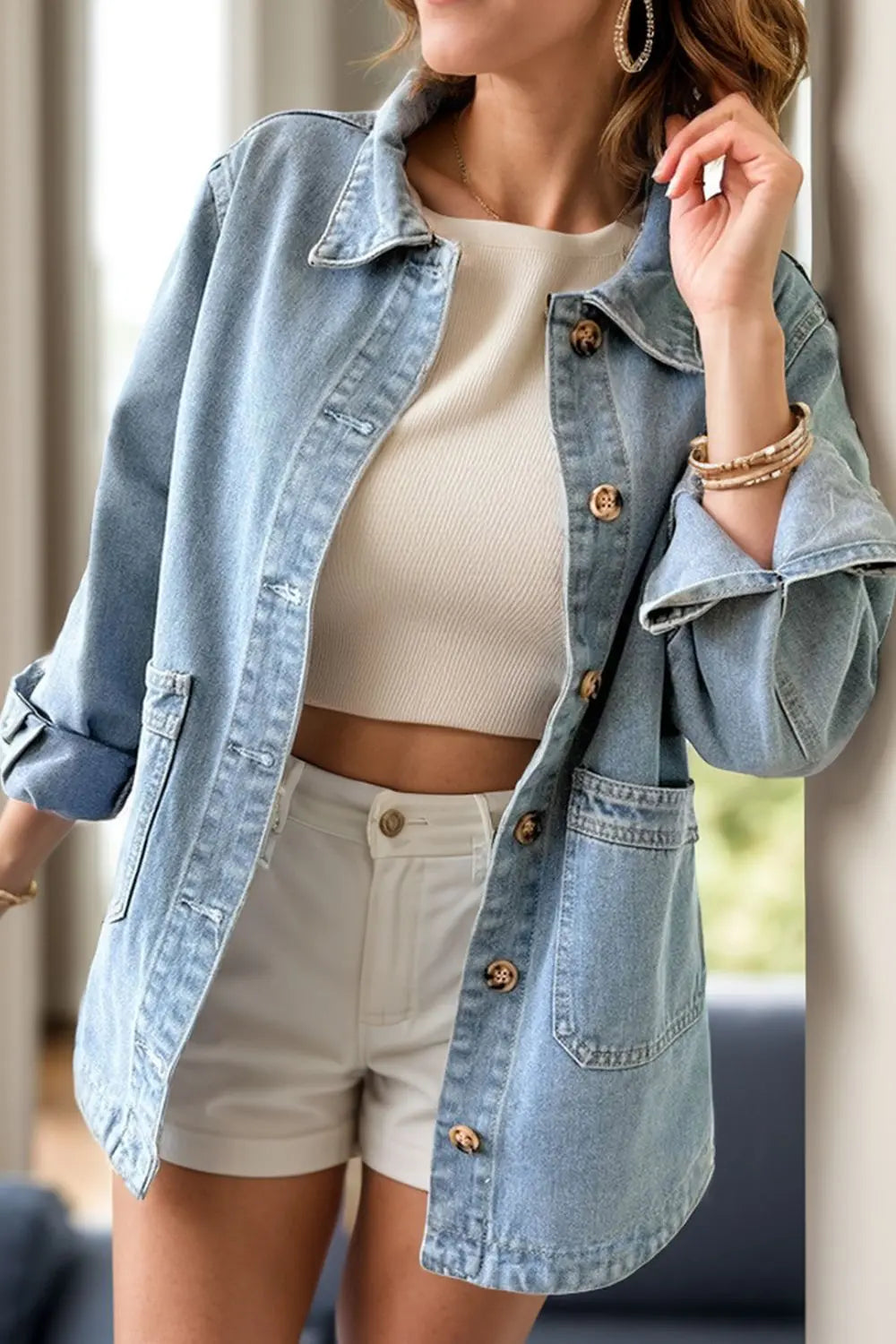 Pocketed Button Up - Long Sleeve Denim Jacket - Pfresh