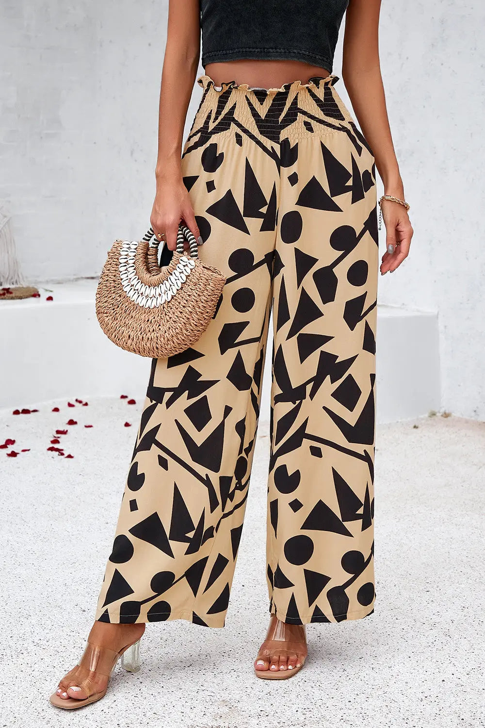 Devine - Smocked Printed - Wide Leg - Pants with Pockets - Pfresh