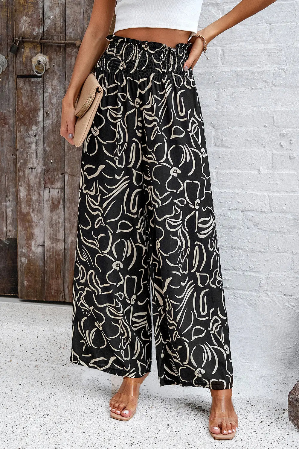 Devine - Smocked Printed - Wide Leg - Pants with Pockets - Pfresh