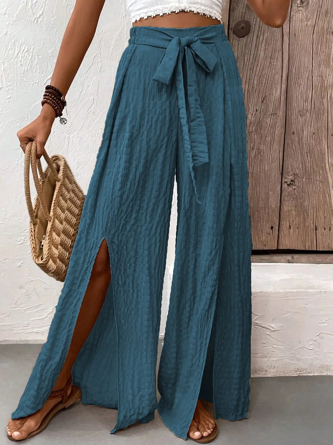 Honey Tied Slit Wide Leg Pants - Pfresh