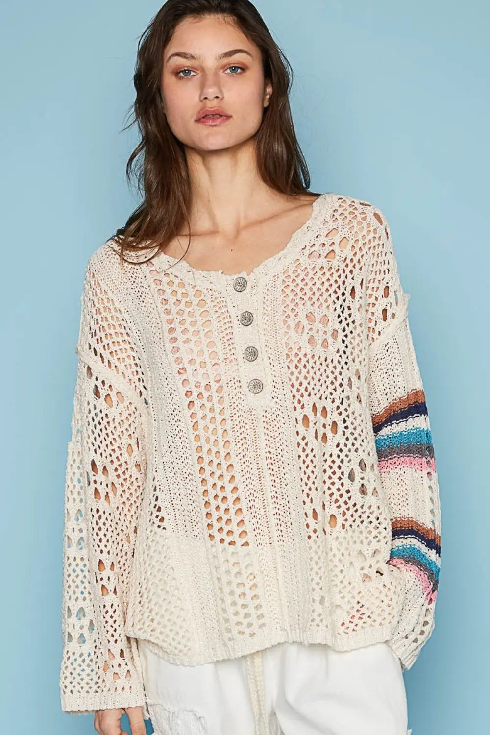 POL - Round Neck - Striped Long Sleeve - Knit Cover Up - Pfresh