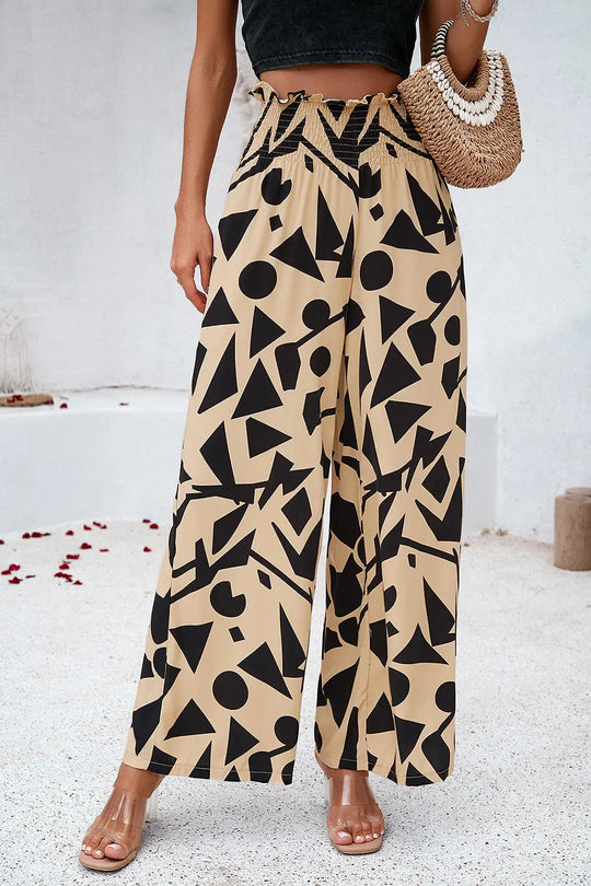 Devine - Smocked Printed - Wide Leg - Pants with Pockets - Pfresh