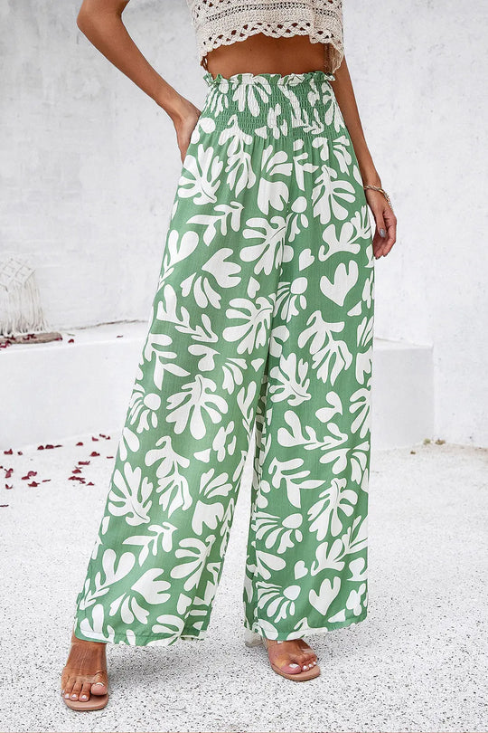 Devine - Smocked Printed - Wide Leg - Pants with Pockets - Pfresh