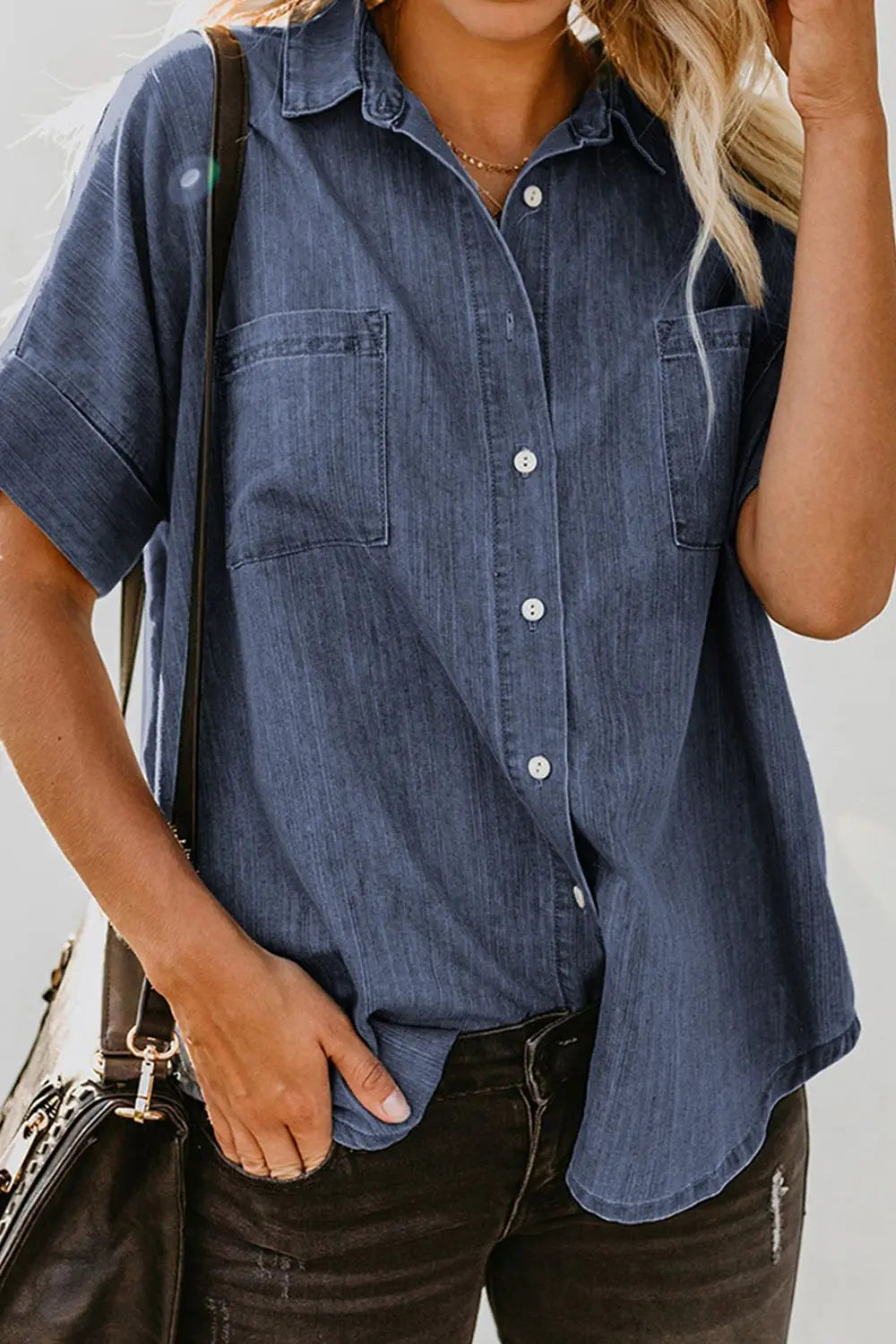 Pocketed Button Up - Short Sleeve - Denim Shirt - Pfresh