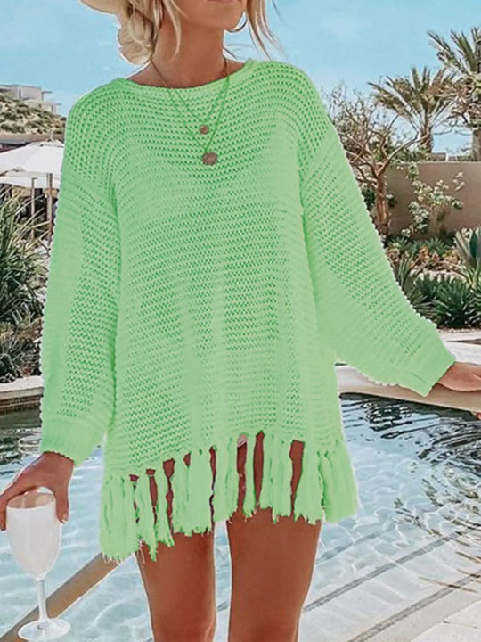 Openwork Tassel Hem Long Sleeve Knit Cover Up - Pfresh