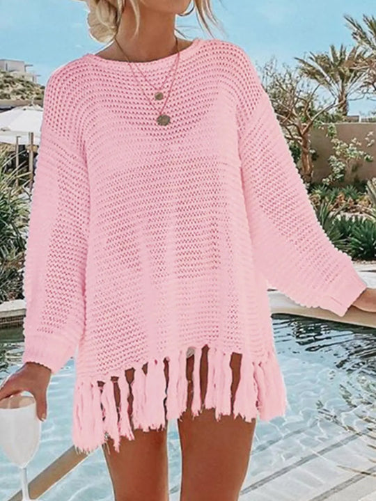 Openwork Tassel Hem Long Sleeve Knit Cover Up - Pfresh