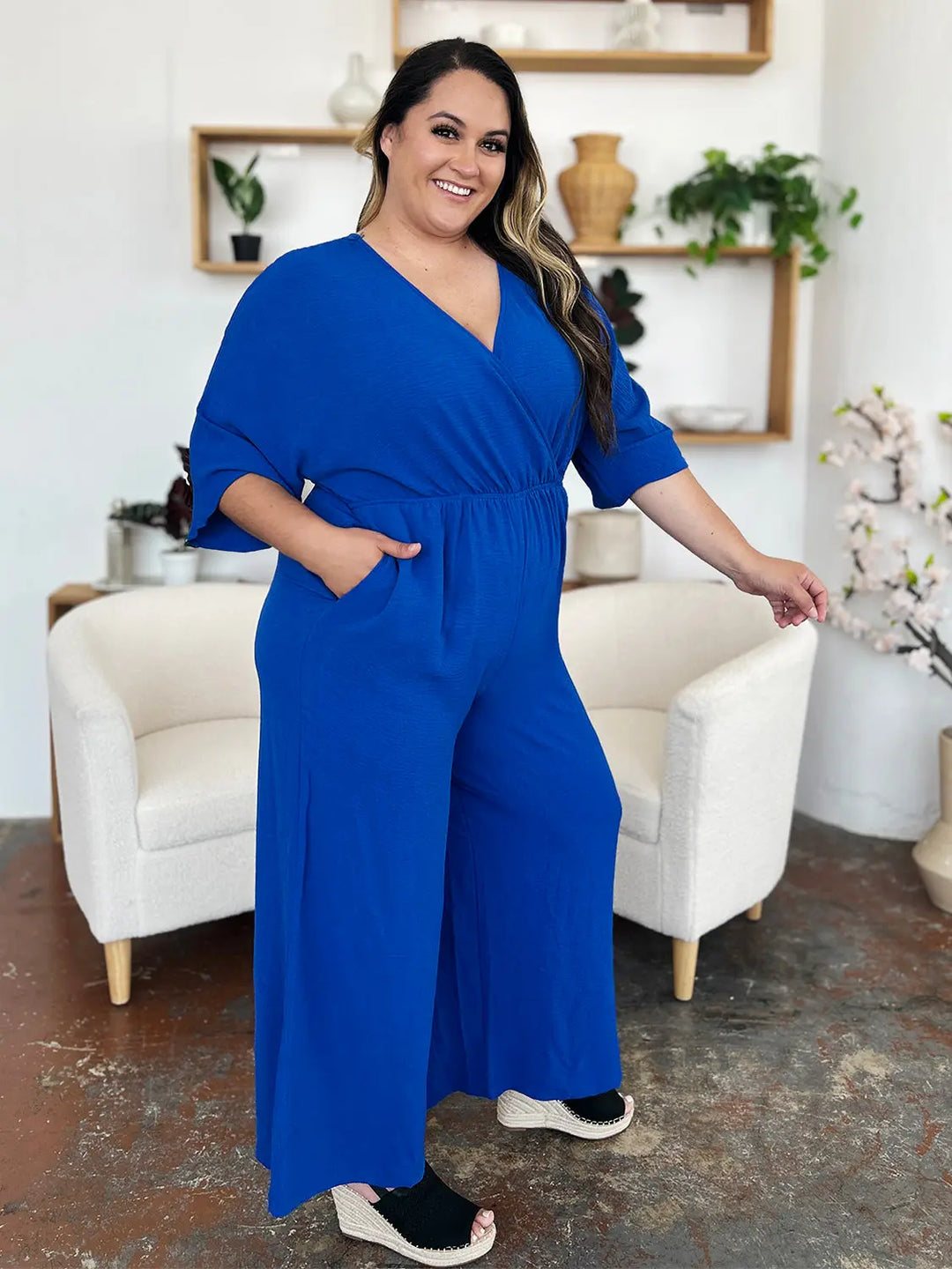 Double Take - Full Size - Surplice Wide Leg - Jumpsuit with Pockets - Pfresh