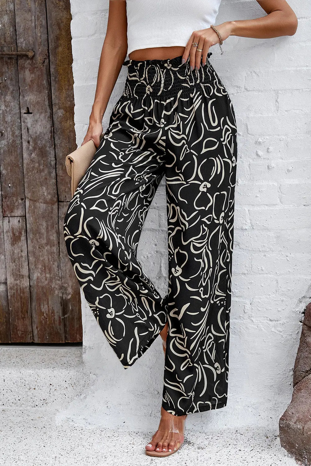 Devine - Smocked Printed - Wide Leg - Pants with Pockets - Pfresh