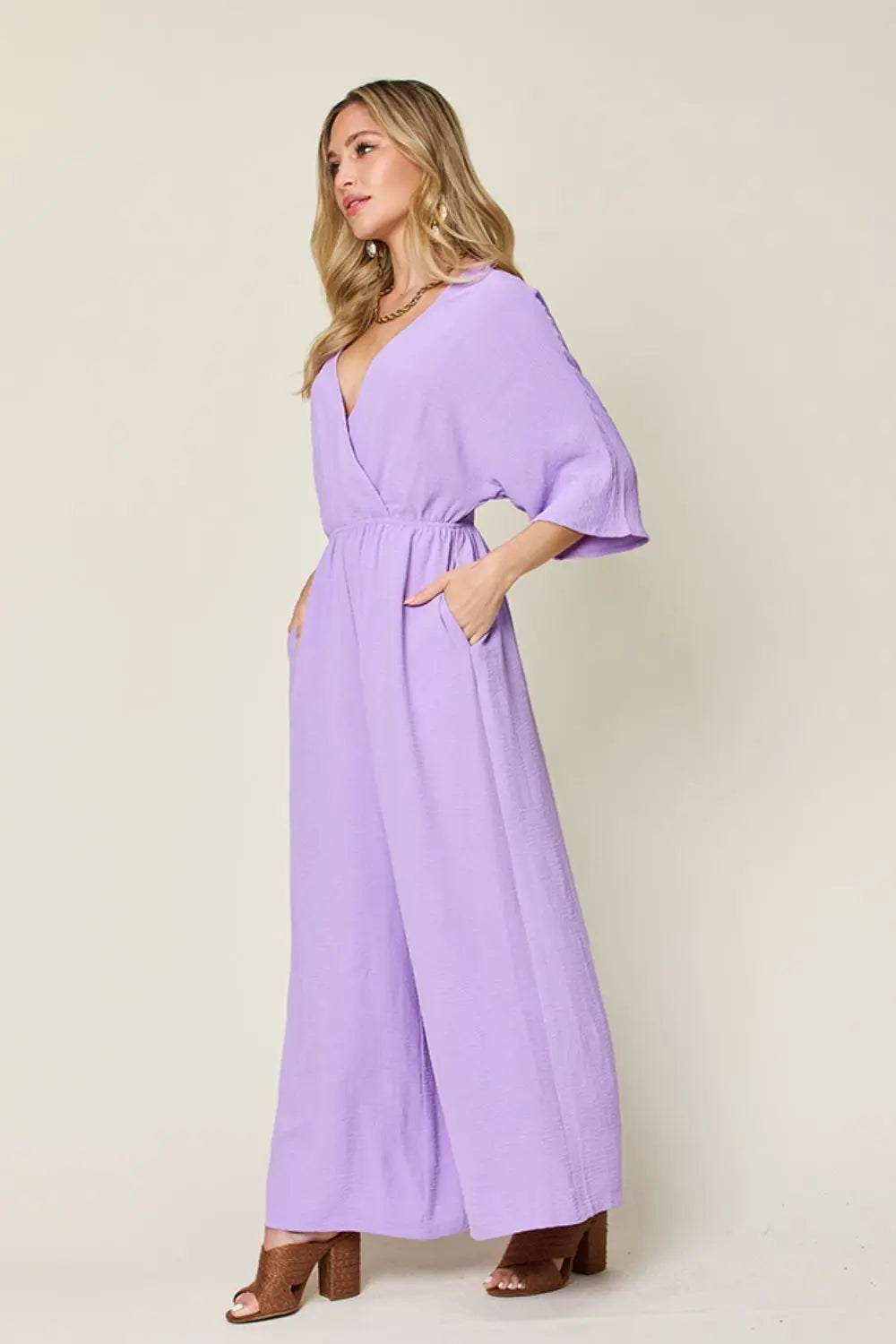 Double Take - Full Size - Surplice Wide Leg - Jumpsuit with Pockets - Pfresh