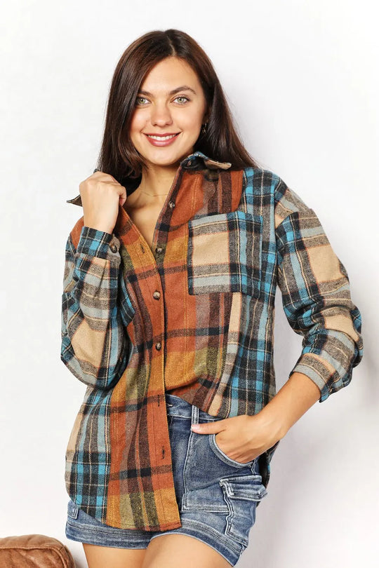 Double Take - Plaid - Curved Hem - Shirt Jacket with Breast Pockets - Pfresh