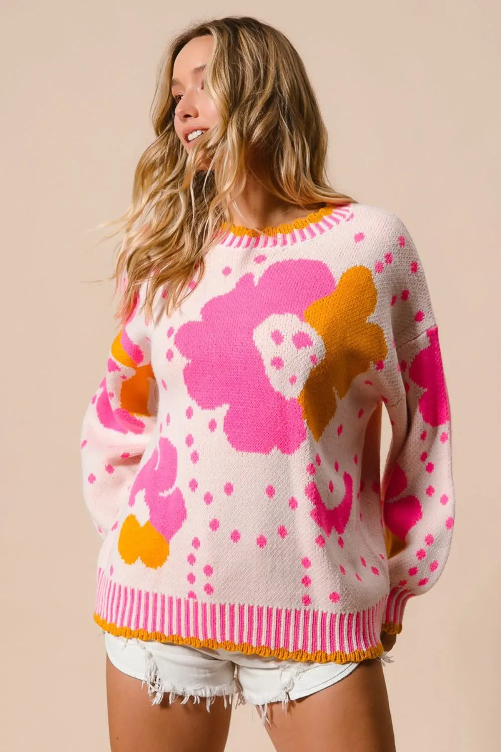 Flower Pattern Contrast Sweater - Pfresh