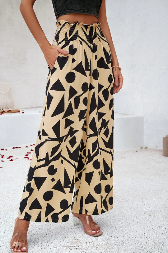 Devine - Smocked Printed - Wide Leg - Pants with Pockets - Pfresh